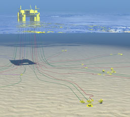 A 3D rendering of the project showing a rig with mulitple risers and wellheads